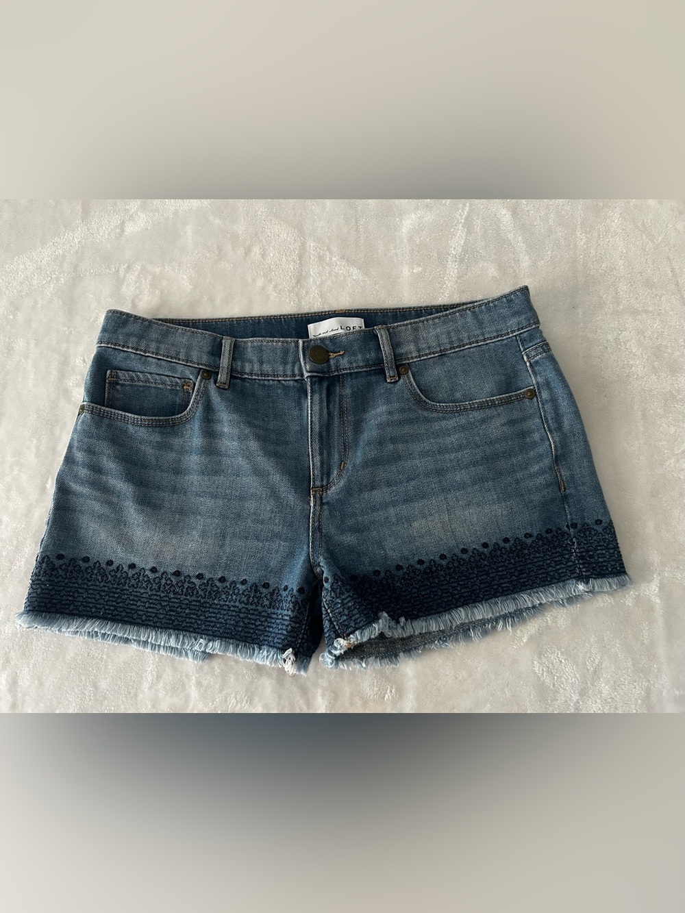 Loft Made & Loved Womens Shorts Sz 4/27 Blue Denim Embroidered Raw Hem